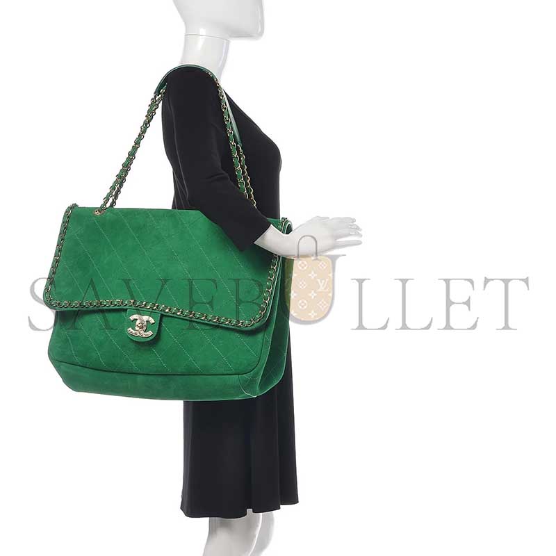 Ch**el MASTER X PHARRELL WILLIAMS XXL FLAP BAG IN GREEN SUEDE (46*33*17cm)